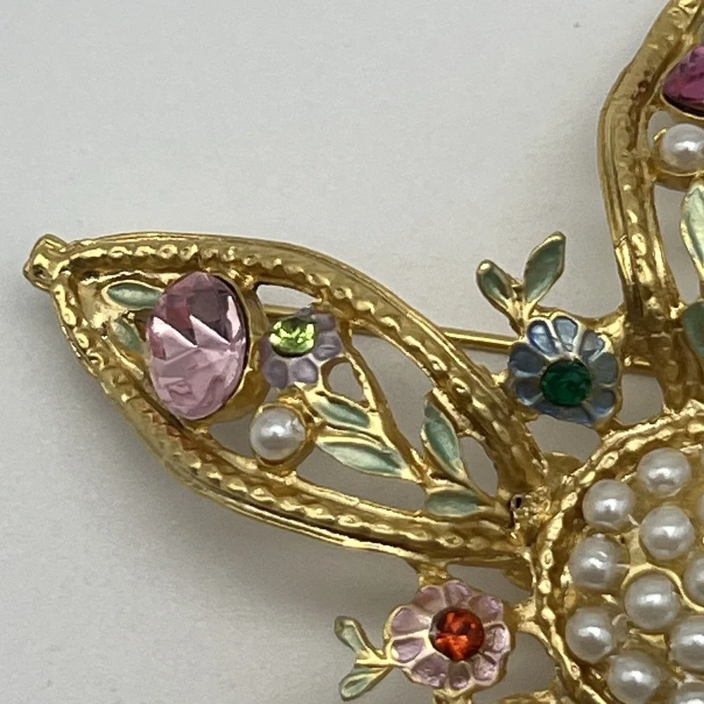 Vintage Rhinestone Pearl Brooch Signed Tiara Misu IV Pastel‎ Flower Gold Toned